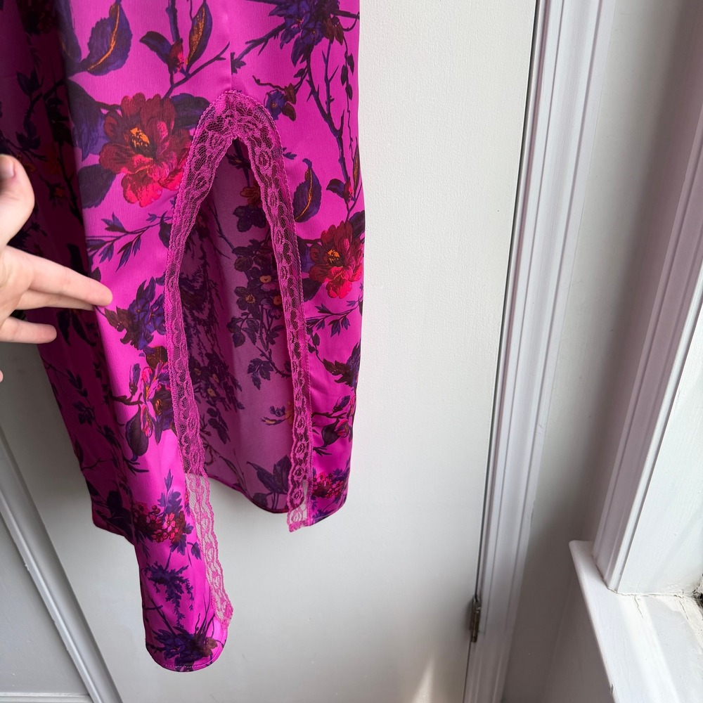 Urban Outfitters Magenta Floral Lace Trim Slip Midi Dress Large Pink Slit L - Picture 3 of 10